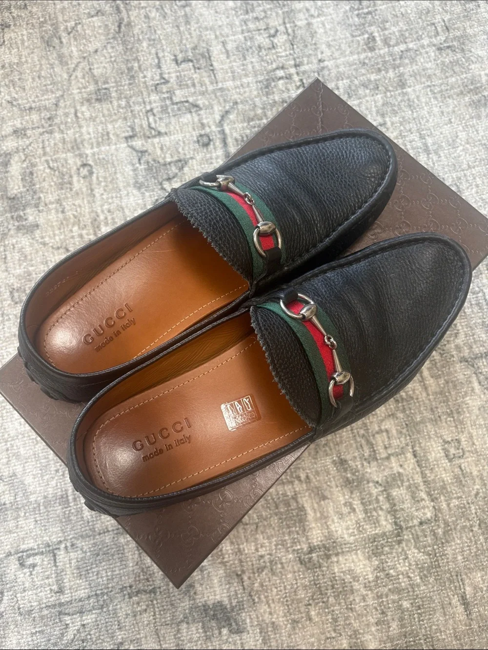 Gucci Black Leather Horsebit Loafers with Green-Red Web Trim